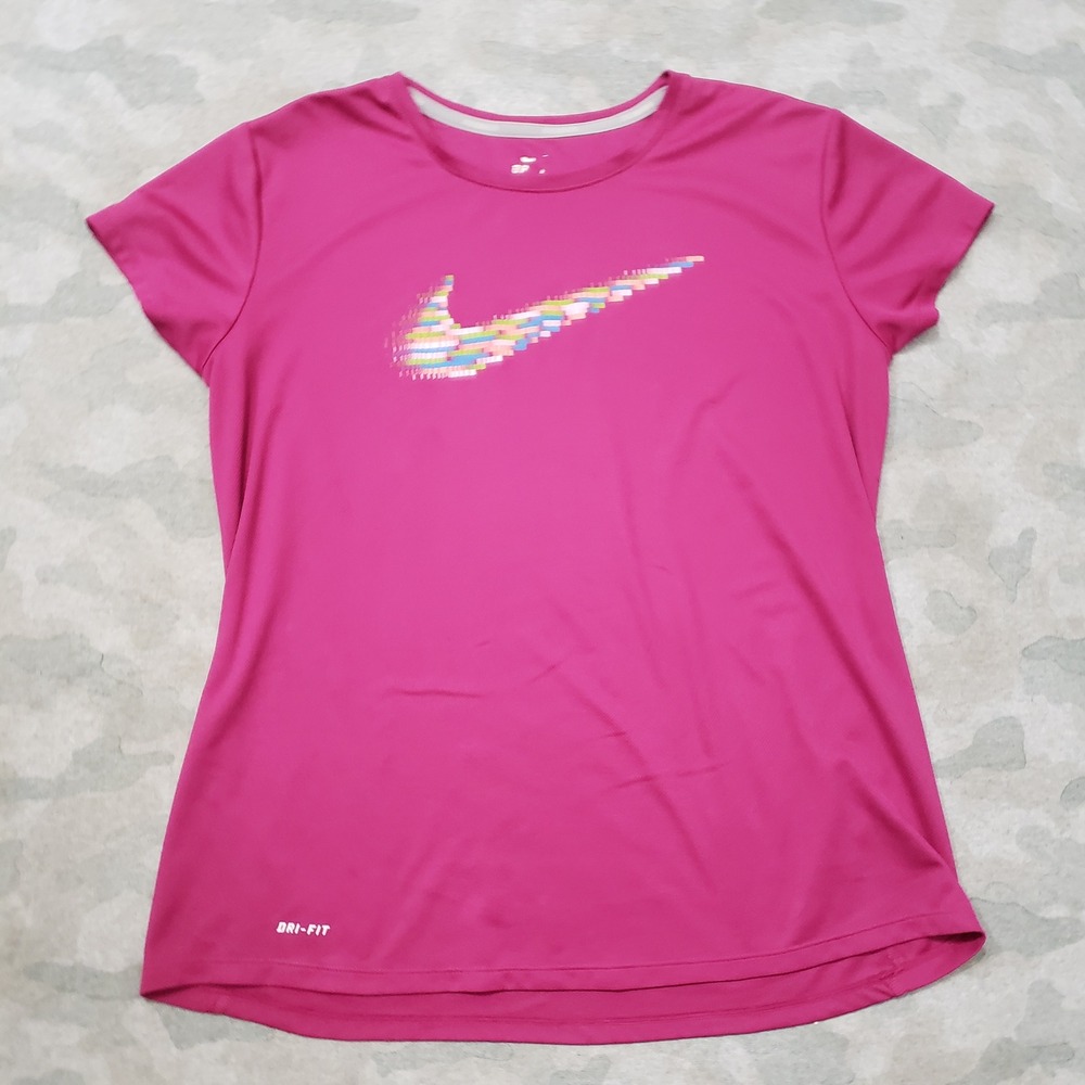 Nike Top Womens Large Purple Pixel Rainbow Swoosh Running Tee Short Sleeve